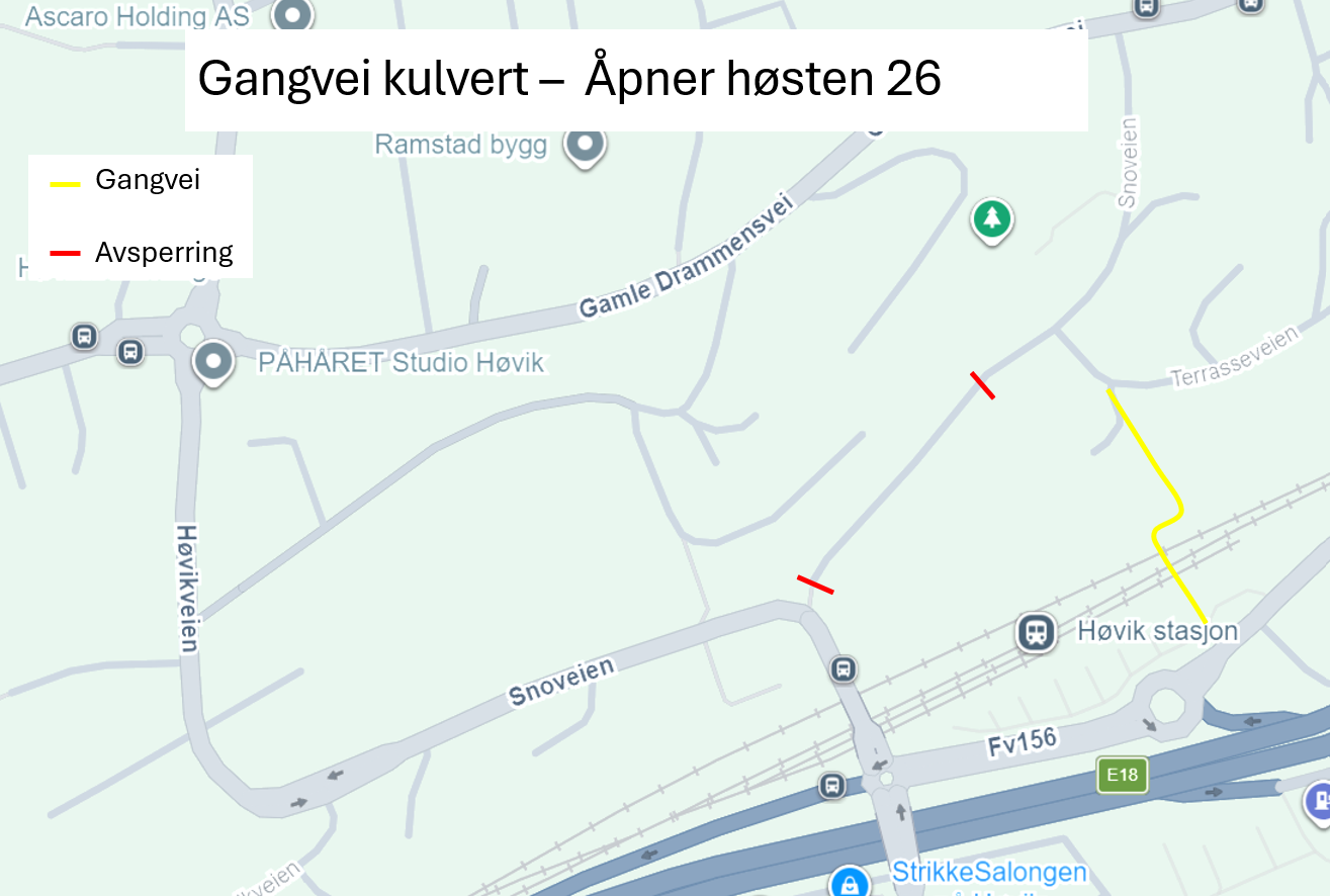 Kart som viser ny midlertidig gangvei gjennom kulverten under jernbanen ved Høvik stasjon