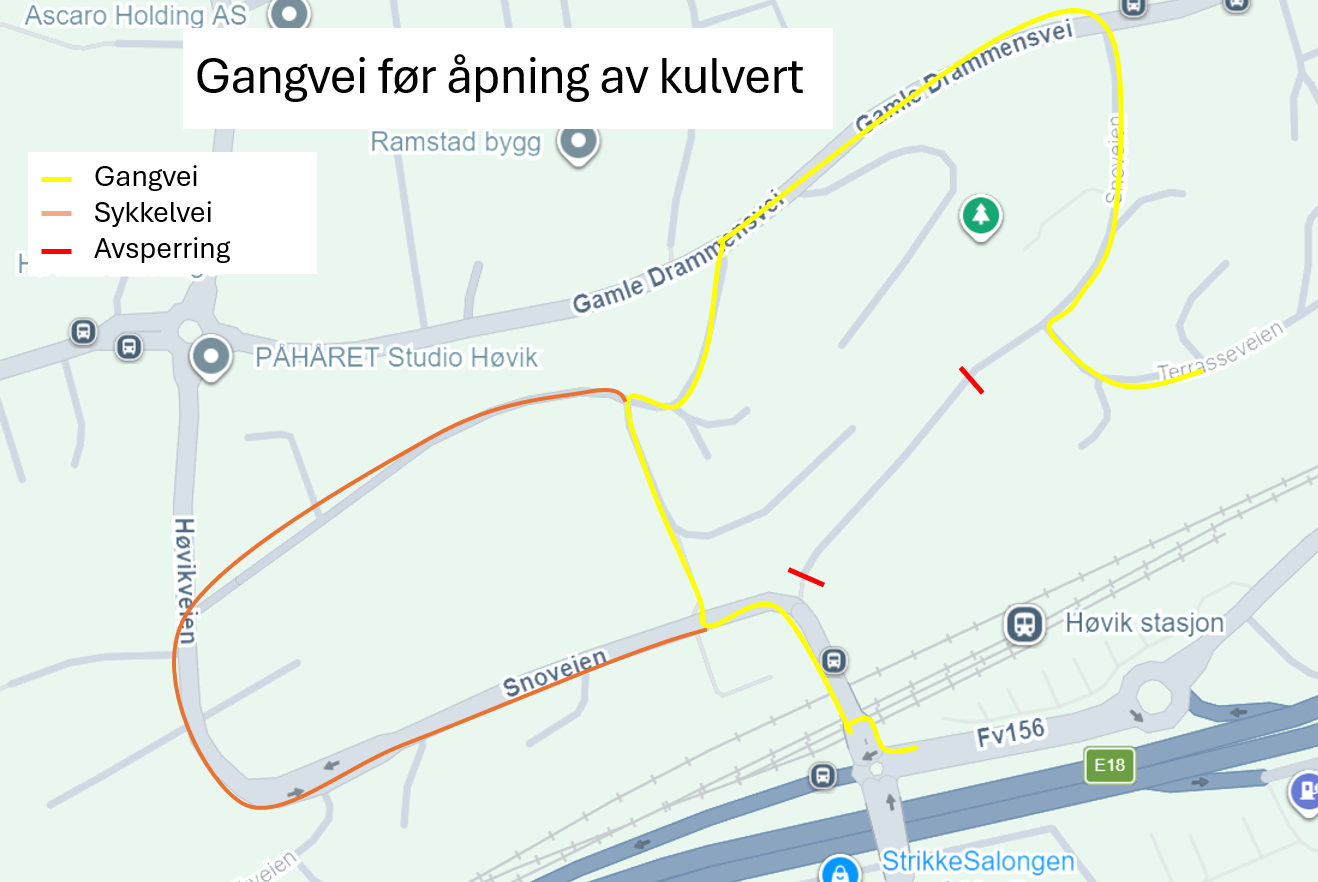 Kart som viser midlertidig omlagt gangvei via Gamle Drammensvei og sykkelvei via Høvikveien mens gangveien i Snoveien er stengt